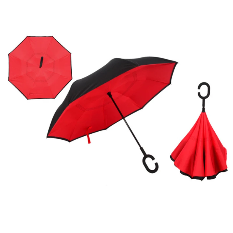 Зонт с обратным ходом, неавтоматический зонтик для модных дождевиков, женский зонт с защитой от ультрафиолета, ветрозащитные непромокаемые зонты с длинной ручкой - Цвет: red