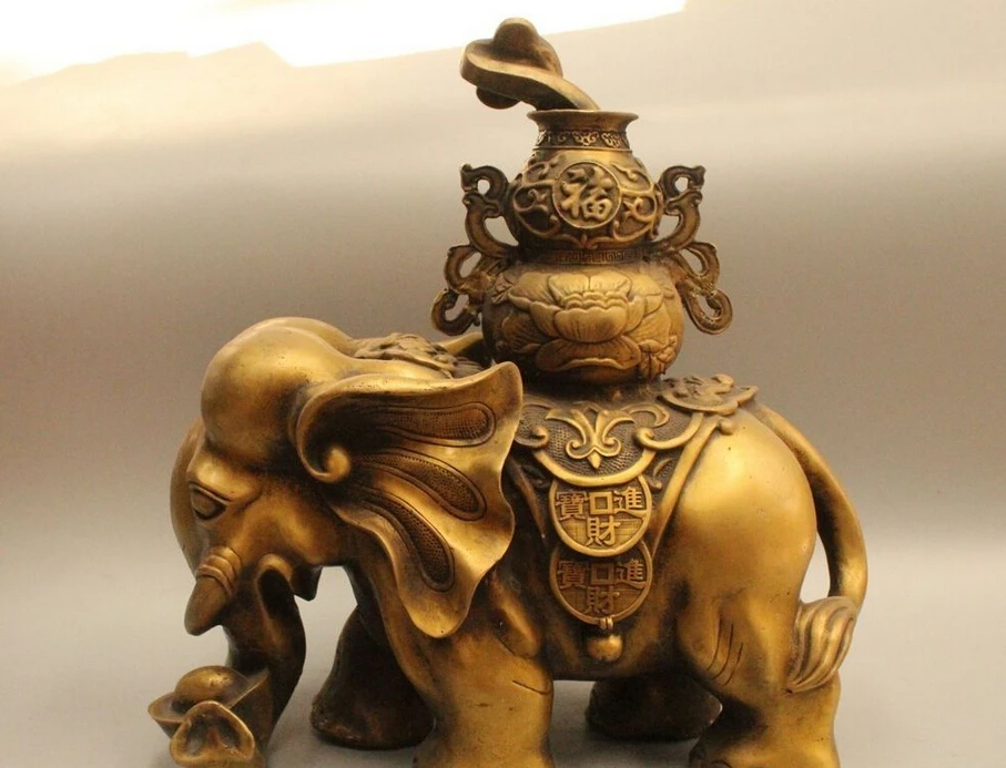 

15" Chinese Bronze Money Elephant cornucopia Ru Yi treasure bowl Coin Statue