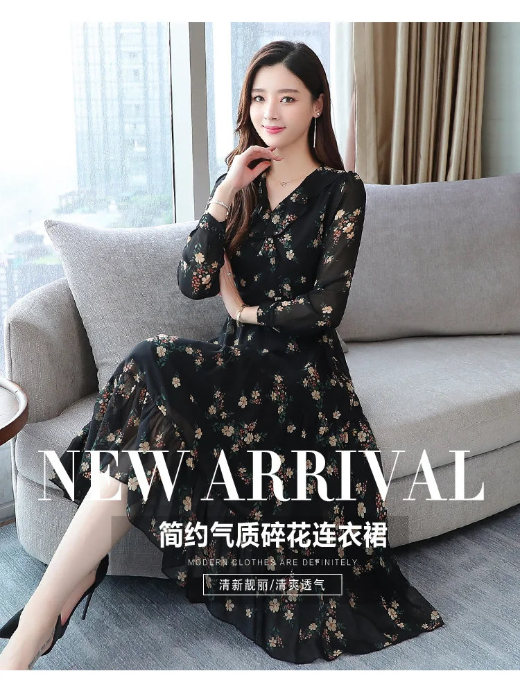 Vintage 5XL Plus Size Floral Chiffon Midi Dresses Autumn Winter Print Long Sleeve Dress Elegant Women Bodycon Party Vestido