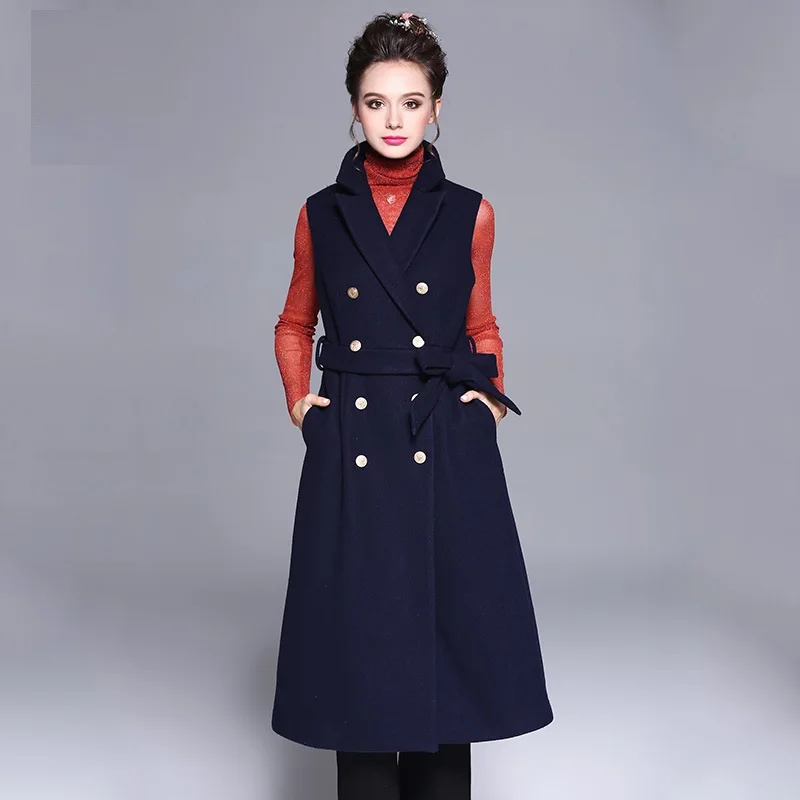2017 Fashion Ladies woolen coat vest Turn down collar double breasted