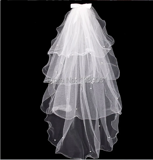 Новая Элегантная свадебная вуаль с бусинами с бантом 4 слоя белый/слоновая кость Свадебные аксессуары свадебное платье Свадебные вуали с расческой