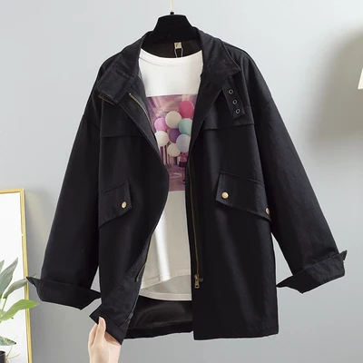 Весна осень новая корейская мода ветровка Черная бейсбольная куртка для женщин большой размер свободный длинный рукав Длинная Верхняя одежда Harajuku куртка - Цвет: black