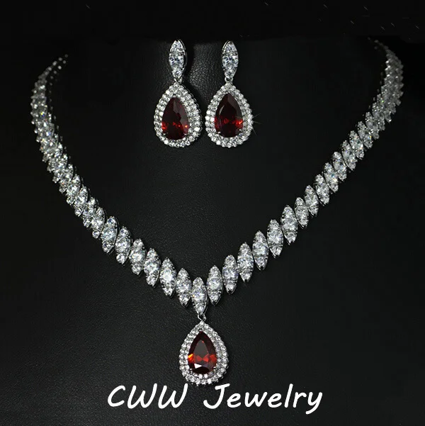 2015 Nigerian Design Big Water Drop CZ Diamond Red Ruby Crystal Wedding Bridal Jewelry Sets Gifts For Bridesmaids (T110)