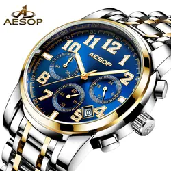 AESOP кварцевые наручные часы для мужчин из нержавеющей водонепроницаемой сплава Роскошный топ бренд Хронограф Авто Дата светящаяся рука