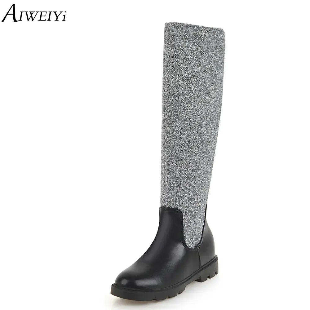 

AIWEIYi Winter Knee High Boots Square Heel Platform Women Boots Punk Sexy Slip On Shoes Fashion Motorcycle Boots