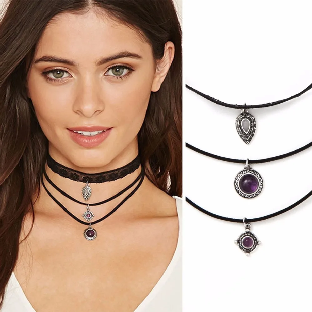 

3 PCS/SET Lace Velvet Choke Sets Black Rope Alloy Imitation Gem Stone Pendant Vintage Retro Punk Choker Necklace