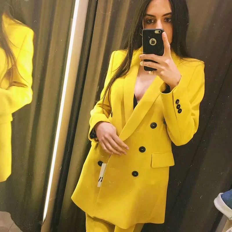 GCAROL 2019 Chic Women Double-breasted Yellow Blazer V Neck 2 Pockets Elegant OL Work Suit Spring Summer Fashion Jacket