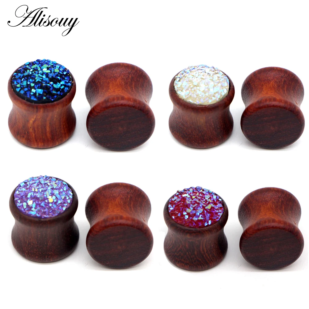 

Alisouy 2pcs ear plugs piercing tunnel Flesh rose wood body jewelry with fashion stone Ear Stretcher Ear Gauge Piercings