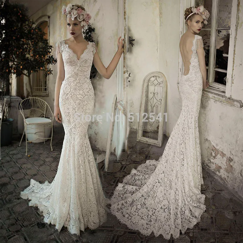 

Sheer Big Backless V Neck Trumpet Mermaid Wedding Dresses Lace Applique Beads Sweep Train Bridal Gowns yk1A586
