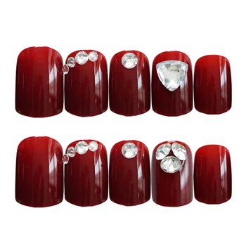

New Wine Red Short Square Glitter Triangle Diamond 24pcs False Nails Bride Full Cover DIY Artificial Nails Tips With Glue