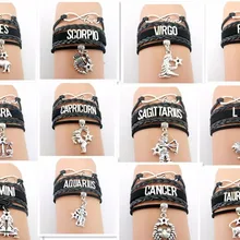 12 Zodiac Signs Bracelet Womens Bracelets Beads Handmade Charm Leather Bracelet Punk Rock Men Jewelry