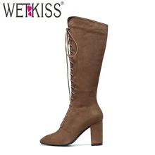 WETKISS/Сапоги до колена зима Для женщин с перекрестной шнуровкой квадратный носок сапоги молния модная обувь женские туфли на высоком каблуке замшевые обувь