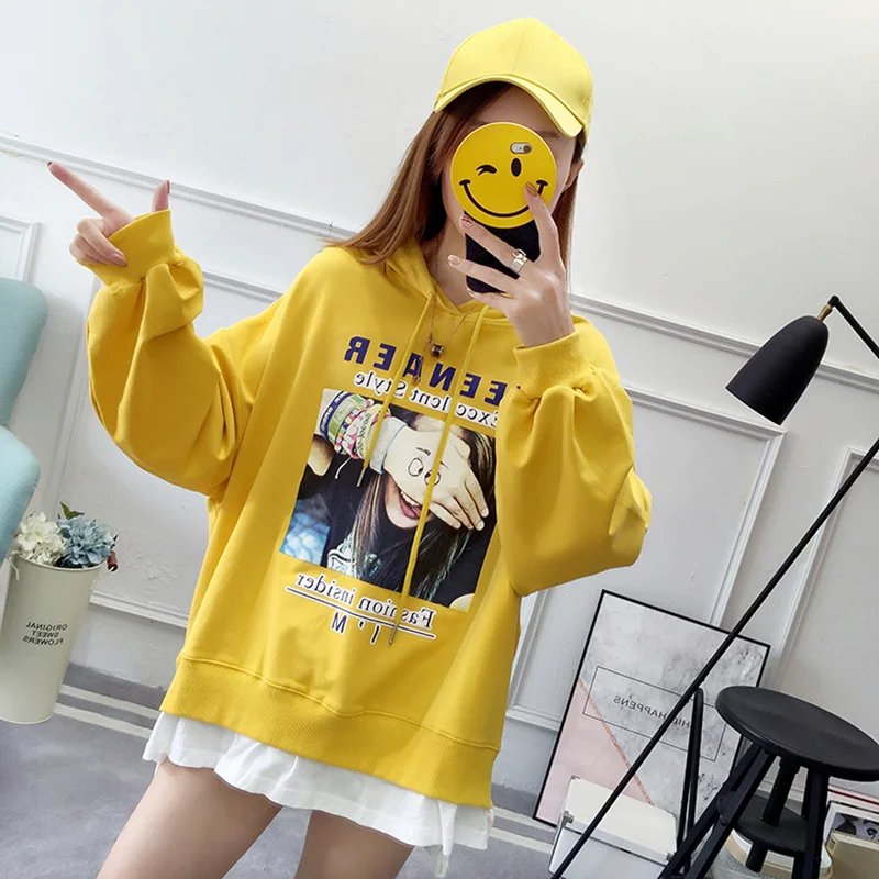Autumn New Women Loose Hooded Sweatshirt Female Long Sleeve Sportwear Patchwork Blouse Pullover Printed Tops Harajuku Bts Hoodies