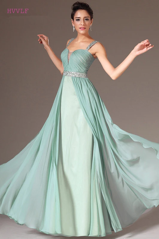 Mint Green Evening Dresses 2018 A line Spaghetti Straps Chiffon Beaded