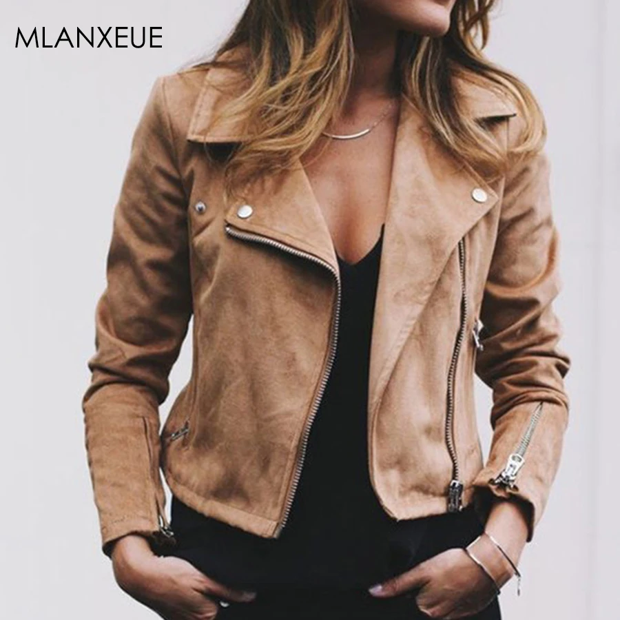 Goedkoop Moto Biker Effen Jas Vrouwen Slanke Plus Size Hoge Taille Lady Down PU Jas Vrouwelijke Jeans Turn Down Kraag Rits PU Jas Herfst