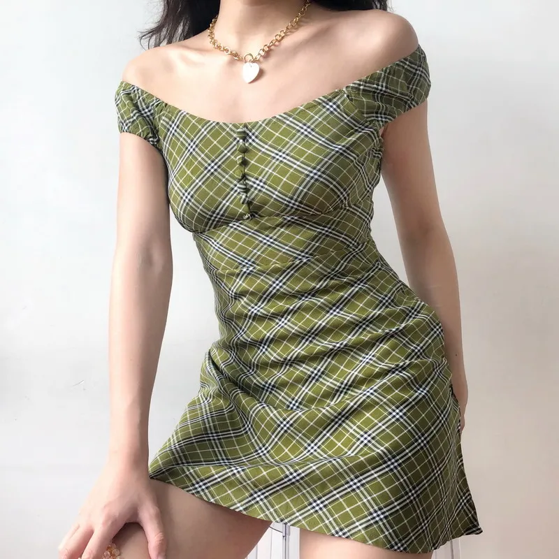 

Women Off Shoulder Bardot Mini Dress In Green Check Print Asian Size