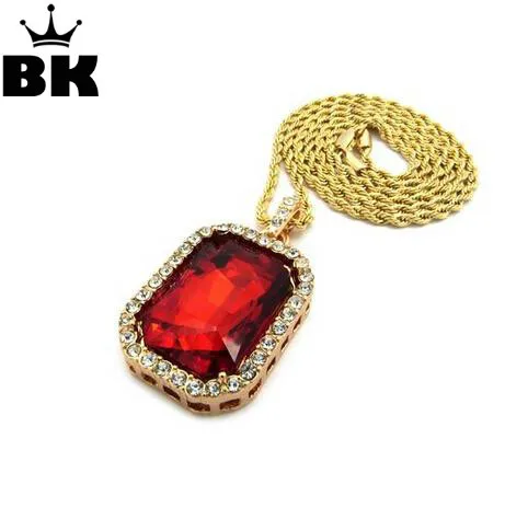 

Mens Gold Color Iced Out Red Crystal Pendant Necklace High-quality Iced Out Square Style Black Blue Green White Fashion Jewelry