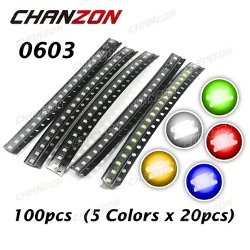 CHANZON 100pcs (5 colors x 20pcs) 0603 (1608) SMD LED Chip Assorted Kit 20mA Blue Red White Green Yellow Light Emitting Diode