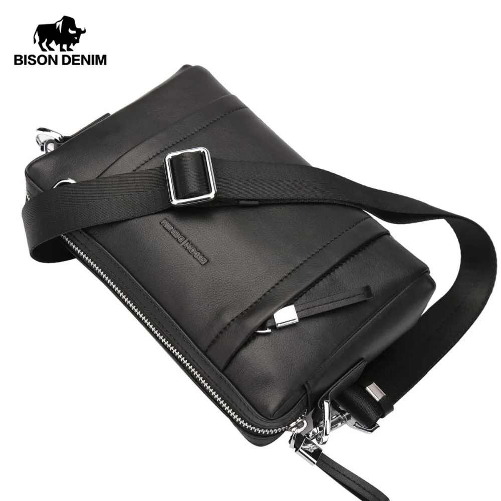 البيسون الدنيم 100% ضمان جلد طبيعي Crossbody حقيبة أسود حقيبة ساعي بريد للرجال المرأة حقيبة صغيرة سستة محفظة N8016