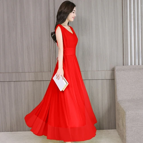 Stinlicher размера плюс сексуальное с v-образным вырезом женское летнее Бохо длинное Макси платье пляжные платья Плиссированное шифоновое платье 898 - Цвет: Красный