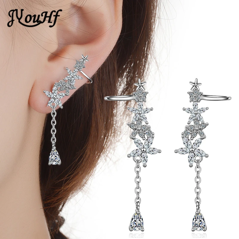 

JYouHF New Trendy Ear Cuff Clip Earrings for Women With Piercing Elegant Flower Crystal CZ Stone Pendant Long Earrings Gifts