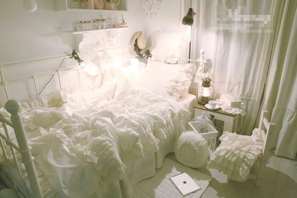 Корейский белый комплект постельного белья принцессы, без наполнения, 4 шт., полный размер королевы, большой размер, кружевная юбка для кровати для принцессы с оборками