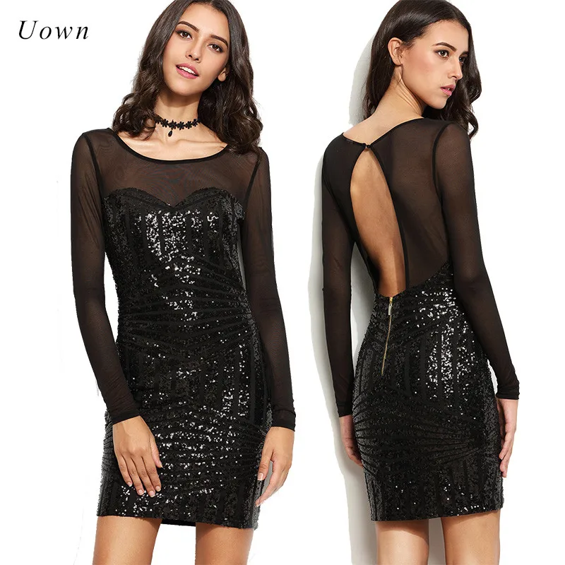Long Sleeve Red Black Sequin Dress Short Sheer Mesh Patchwork Women