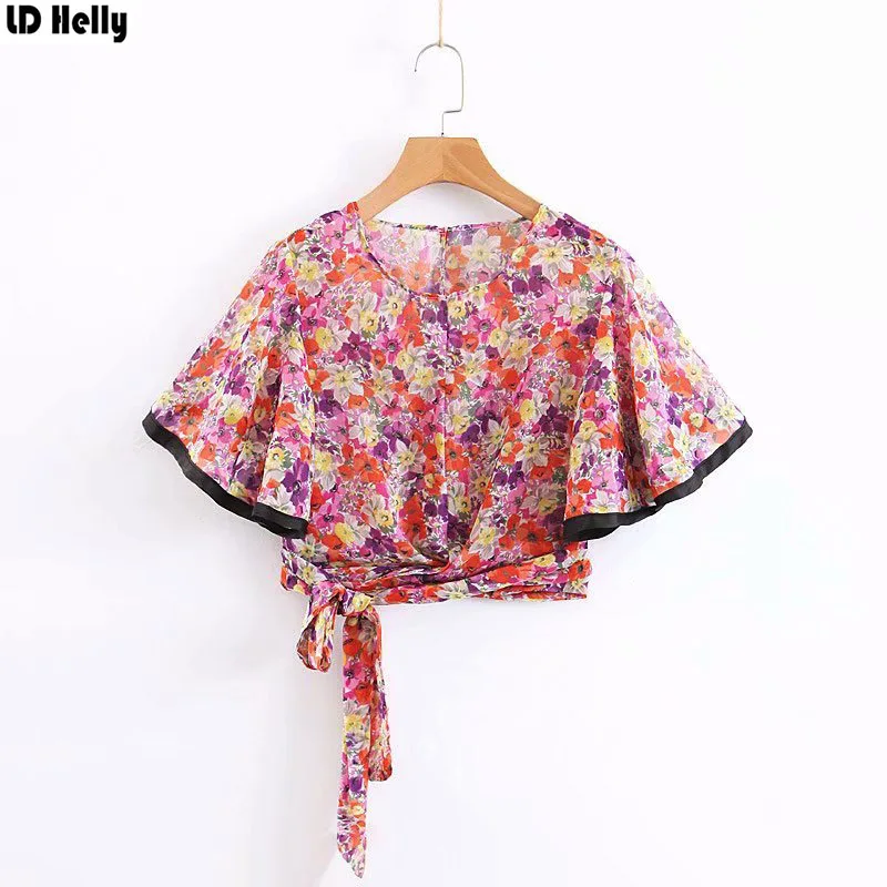 LD Helly Женский Стильный шифоновый укороченный топ с цветочным принтом блузка