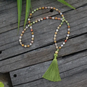 

100% 6mm Natural Stone Beads, Butter And Grass Green Jasper, Mini JapaMala Necklace, Chakras,Spiritual,Meditation,72 Mala Beads
