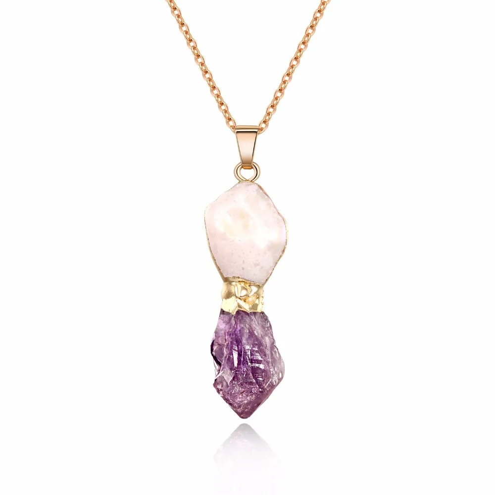 Irregualr Natural Purple Stone Druzy Geometric Pearl Pendant Necklace