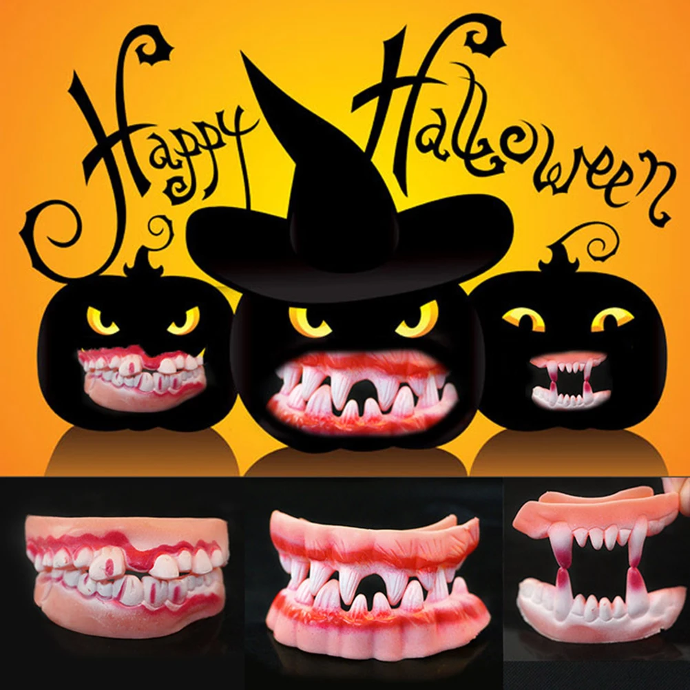 3pcs Rubber Scary Zombie Teeth Braces Tricky Toy Denture Party Props Supplies for Halloween Masquerade Costume Party Cosplay