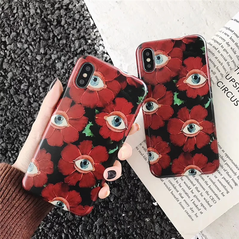 

RMJ-DNA Red Flower Personality Eye Phone Case For iPhone 6 6S 8 7 Plus Tashion TPU Soft Back Cover For iPhone X XR XS MAX Coque