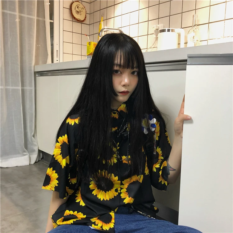 Солнце цветочный принт карман свободная футболка Топ Женская корейская мода уличная винтажная блузка Harajuku летняя с длинным рукавом Blusas Boho