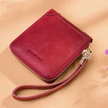 Women's Wallets Vintage Oil Wax Leather Short Wallet Genuine Leather Women Wallet Zipper Small Purse Female Mini Slim Coin Purse