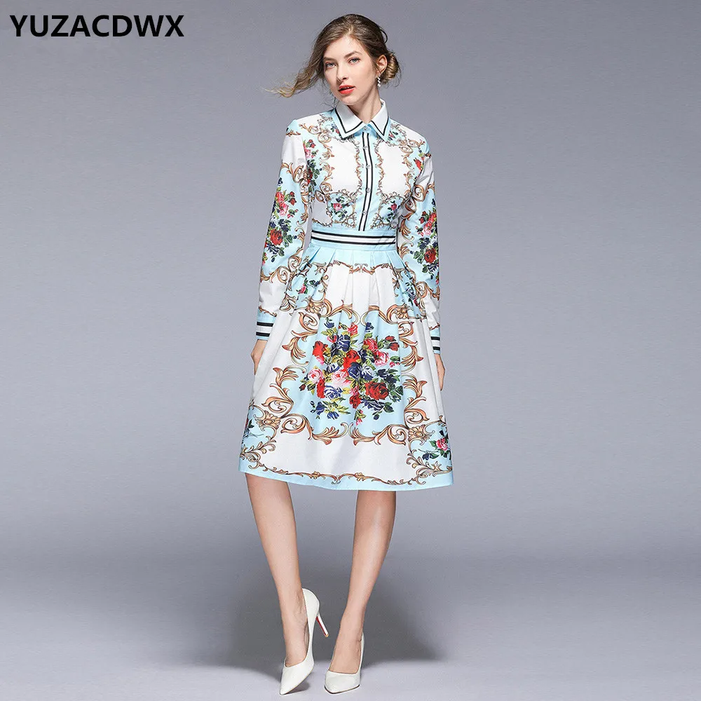 

New Arrival 2019 Fashion Runway Spring Women Dress Long Sleeve Elegant Slim Floral Print Knee Length Shirt Dresses Vestidos