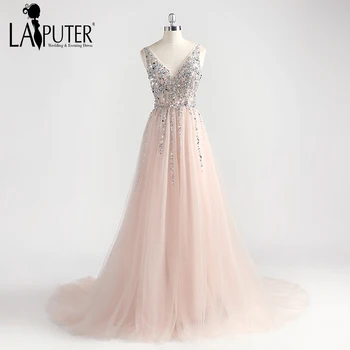 

Laiputer 2018 Pink Luxury Crystal Formal Evening Prom Dress Sexy V-neck See Through Backless Cheap African Women Party Gowns