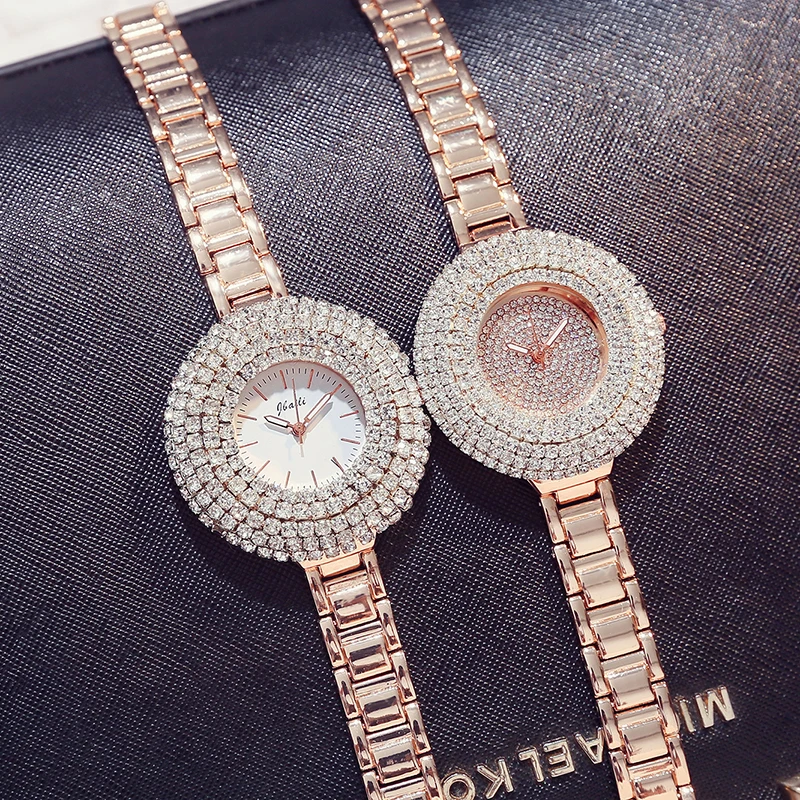 Luxury Top Brand Rose Gold Quartz Womens Watch Bling Bling Full Crystal Dial Stainless Steel Bracelet Dress Ladies Wristwatches
