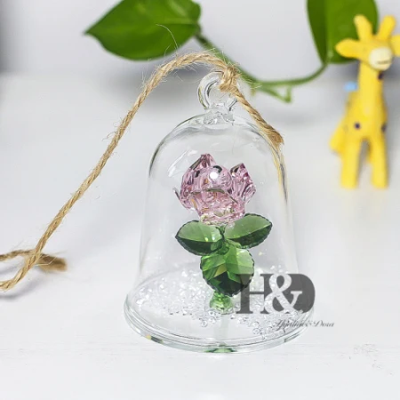 H& D Кристалл зачарованная роза цветок Статуэтка мечты орнамент в стеклянном куполе подарки для нее(красный - Цвет: Pink