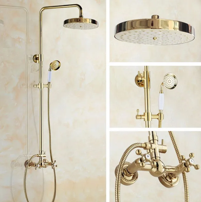 

Luxury Polished Gold Color Brass Dual Cross Handles Bathroom Round Rainfall Shower Faucet Set Bath Mixer Tap mgf335