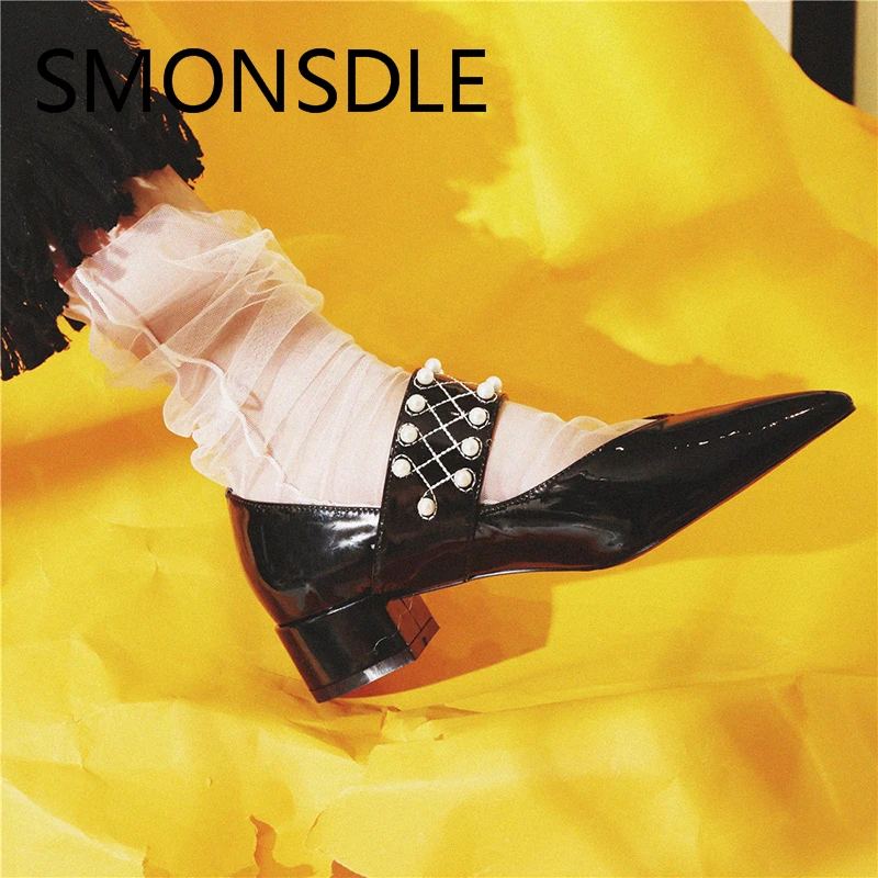 

2018 New Spring Summer Real Leather Women Pumps Black Pointed Toe Pearls Beading Buckle Strap Shallow Lady Pumps Shoes Woman