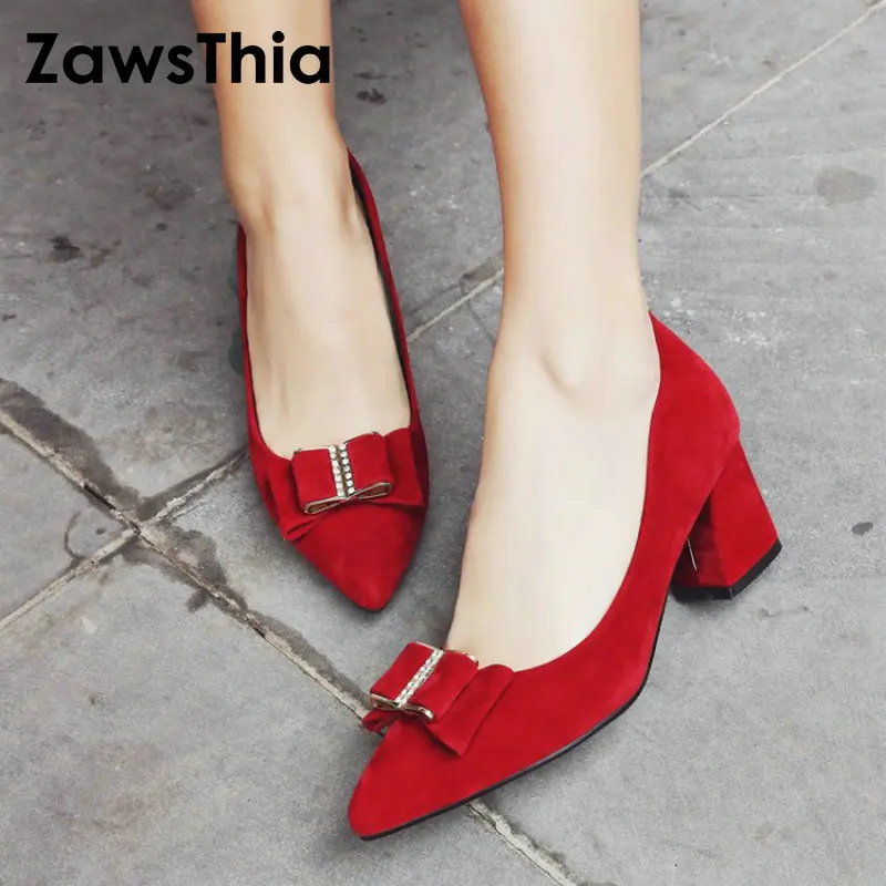

ZawsThia 2019 block square chunky high heels woman wedding party pumps shoes green red ladies shoes stilettos with bowtie buckle