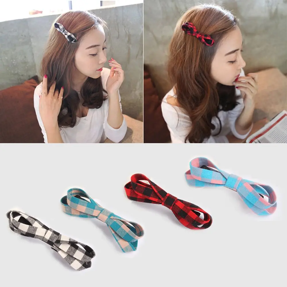 

2019 New 1pc South Korea Bow Hairpin Fabric Duckbill Clip Solid Color Lattice Stripe Clip Bangs Clip Hair Girl Braiding Tool