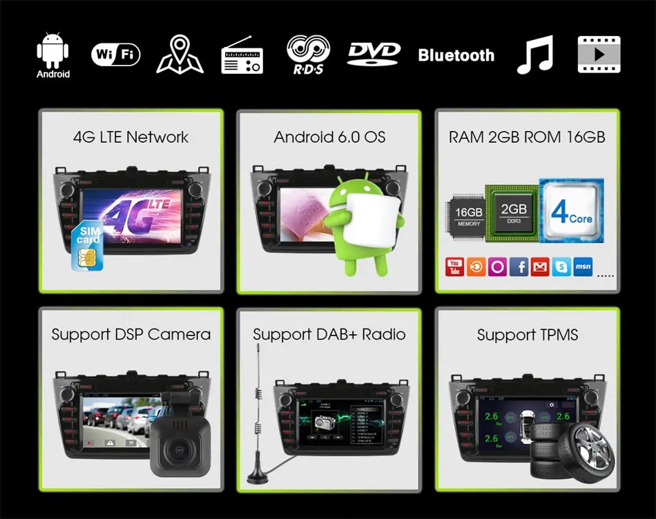 Top Quad Core Android 6.0 Car DVD Player For Mazda 6 Ruiyi Ultra 2008 2009 2010 2011 2012 4G Wifi Radio Stereo GPS 2GB RAM Bluetooth 1