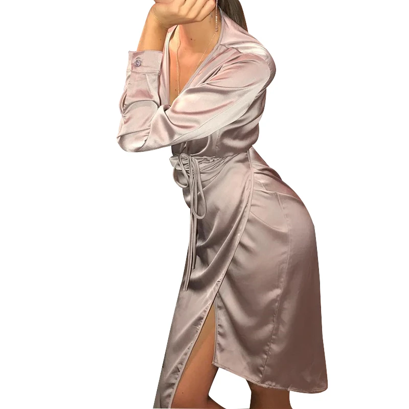 

2019 Wrap Dress Winter Woman V-Neck Empire Satin Silk Sexy Long Sleeve Party Dresses Night Club Soft Dress Sashes Solid PL0384M