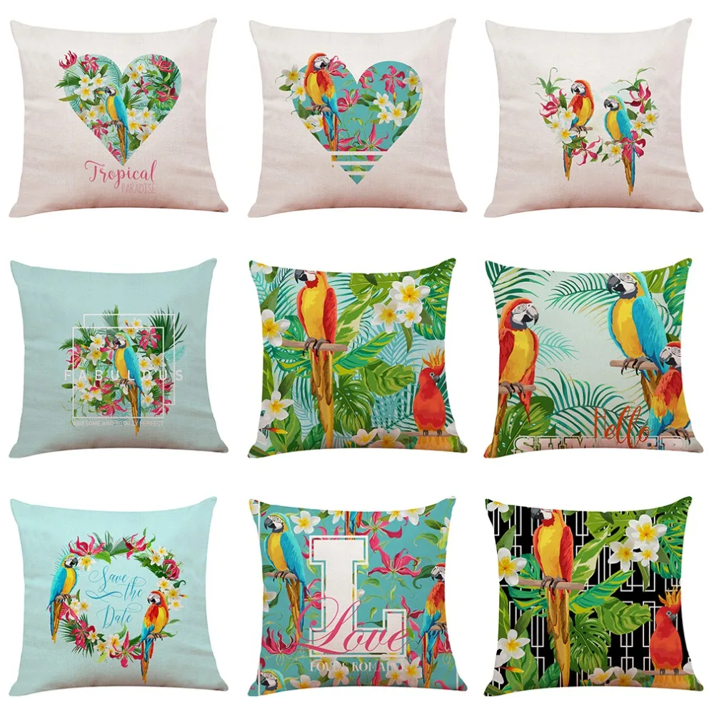 Parrot Cushion Cover Rainforest Pattern Print Linen Throw Pillow Chair Sofa Home Decorative Pillowcase 45*45cm | Дом и сад