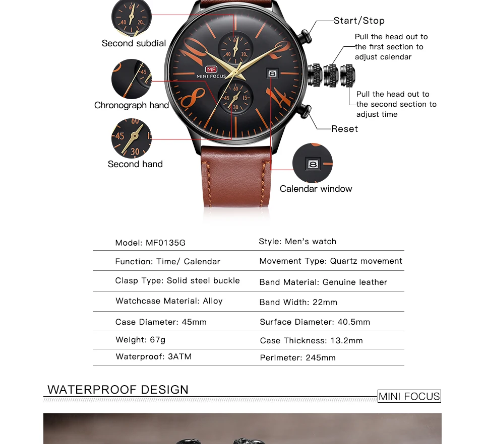 Relojes скидка Для мужчин s часы MINIFOCUS кожаные модные Повседневное Для мужчин смотреть Для мужчин s Многофункциональный Водонепроницаемый Бизнес часы 0135