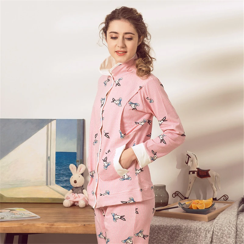 

Women Cotton Turn Down Collar Sleepwear Pregnant Sleepwear Suit Clothing Sets Maternity Sweet Breastfeeding Homewear AA51367