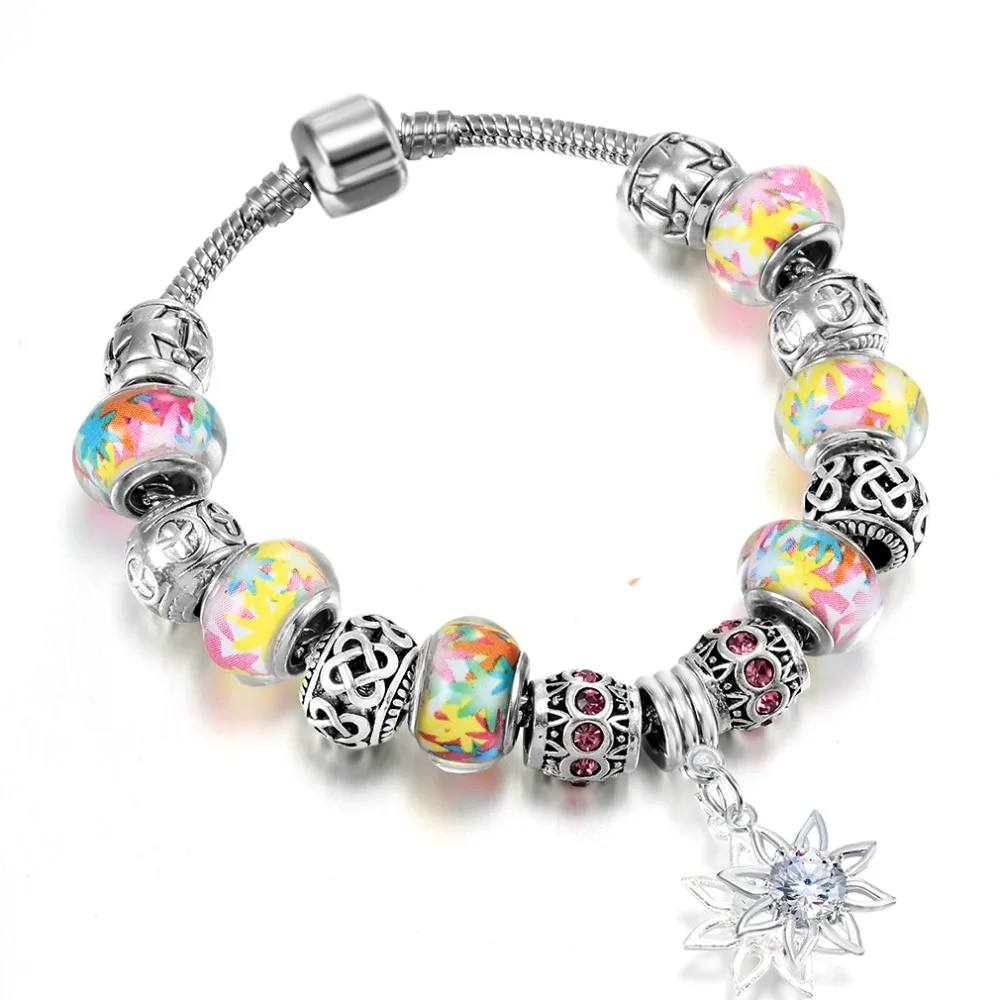 1PCS 2016 Glass Bead Charm Bracelets With Knot Beads Bracelets For Women Men Silver Turkish Jewelry Pulseira Masculina