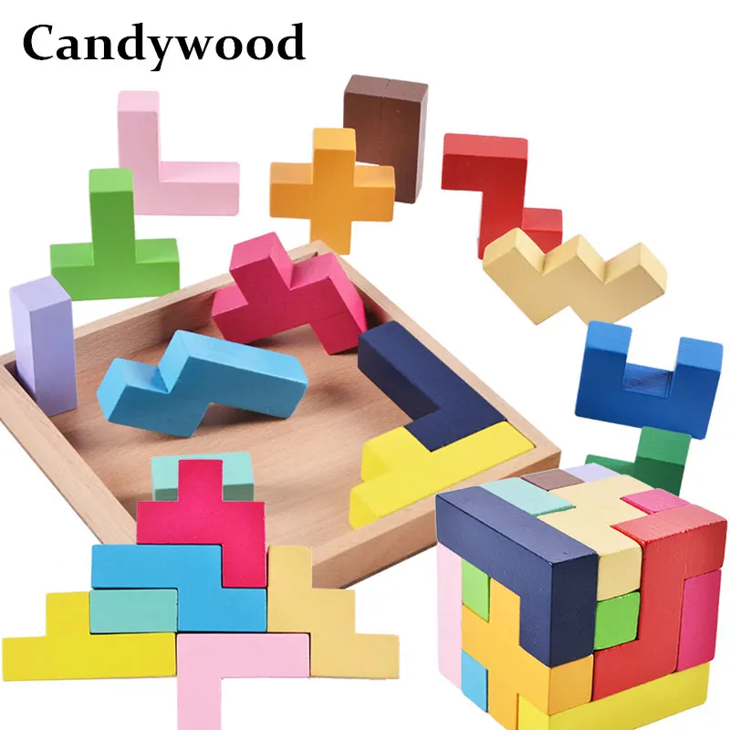 

Candywood 2018 New Wooden Puzzle Toy Tangram Brain Teaser Tetris Game Montessori Educational Learning Toys for Children kids