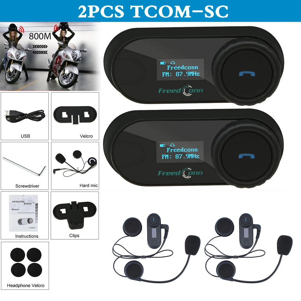 

QPLOVE FreedConn 2pcs TCOM-SC Bluetooth Motorcycle LCD Screen Intercom Helmet Headset with FM Radio